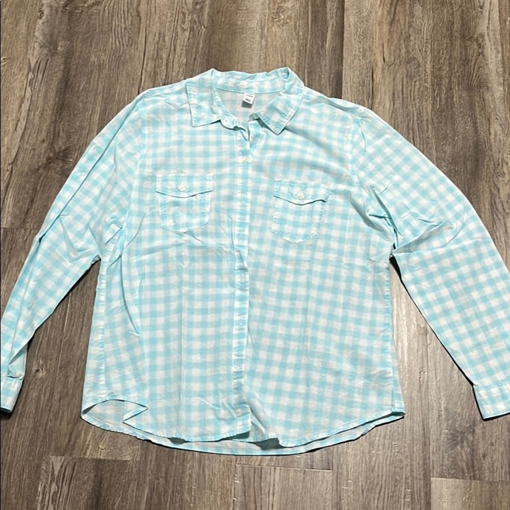 Old Navy Aqua and White Gingham Button-Down Shirt